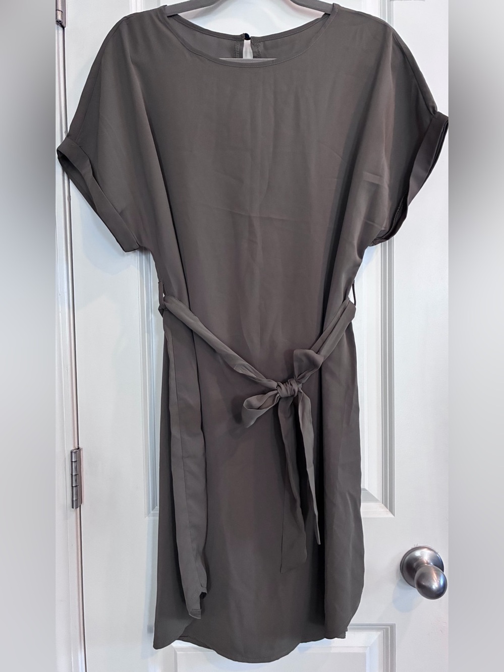 SHEIN Taupe Tie-Waist Short Sleeve Midi Dress